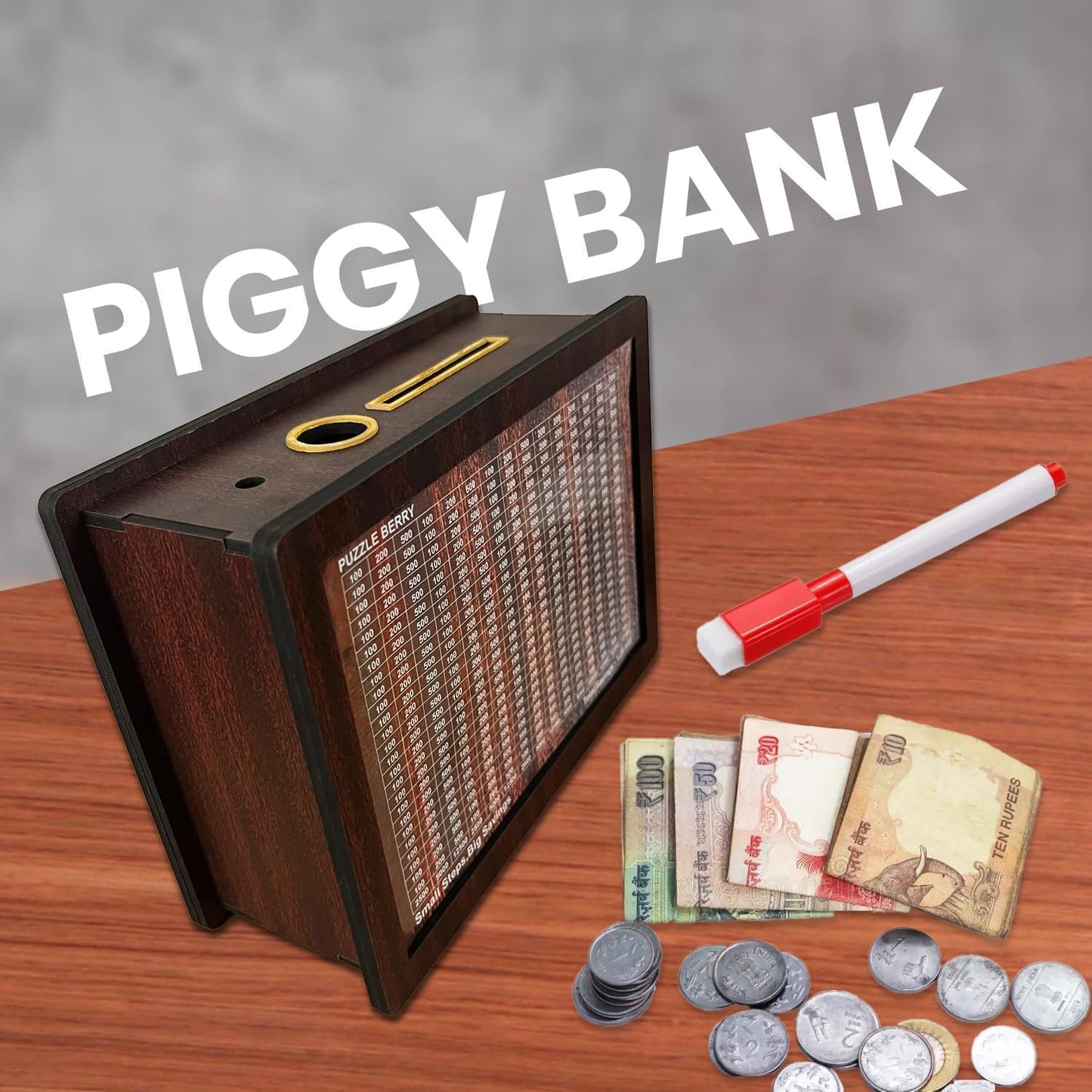 Wooden Money Saving Box for Kids & Adults | Piggy Bank with Numbers | Target 100000 Rupees Savings Box