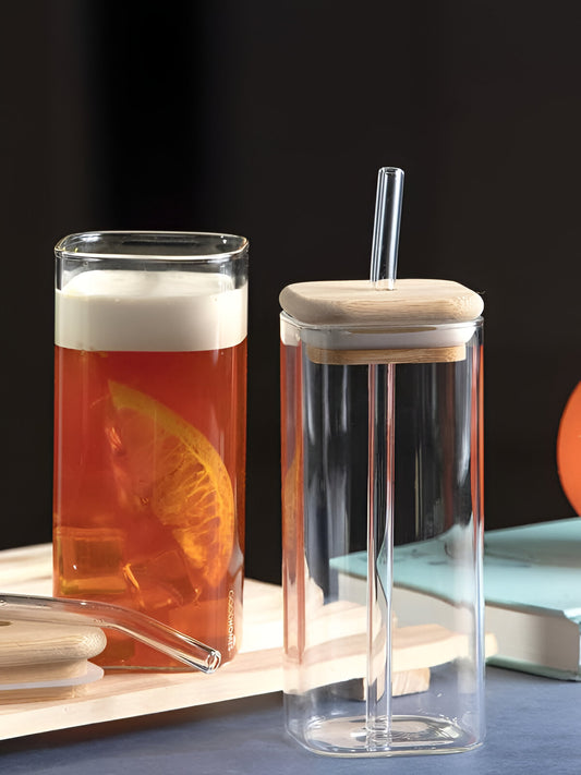 Square Glass Tumbler and Wooden Lid with Straw