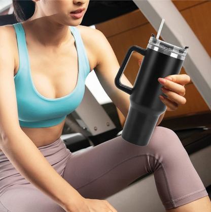 Insulated Tumbler Hot & Cold 1200ml with Lid, Straw and Handle | Stainless Steel | Black