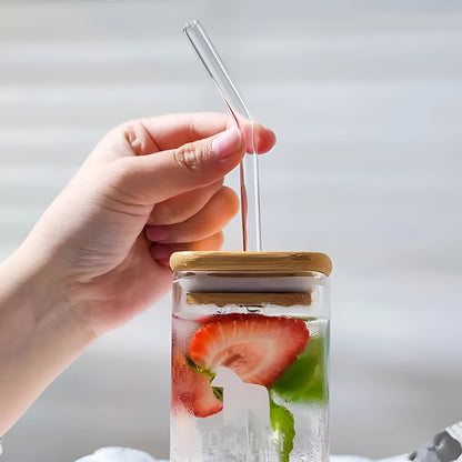 Square Glass Tumbler and Wooden Lid with Straw