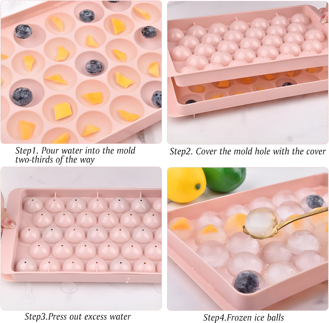 Ice Cube Tray for Freezer[Pack of 2] - 33 Cavity Round Ice Mold with Cover - Reusable Ice Tray