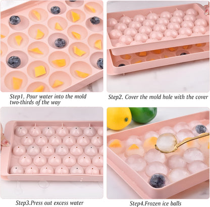 Ice Cube Tray for Freezer[Pack of 2] - 33 Cavity Round Ice Mold with Cover - Reusable Ice Tray