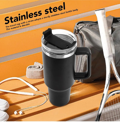 Insulated Tumbler Hot & Cold 1200ml with Lid, Straw and Handle | Stainless Steel | Black