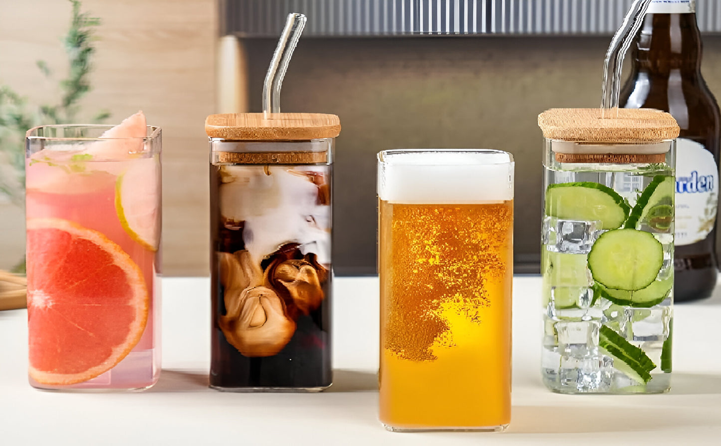Square Glass Tumbler and Wooden Lid with Straw
