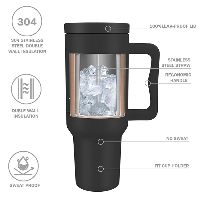 Insulated Tumbler Hot & Cold 1200ml with Lid, Straw and Handle | Stainless Steel | Black