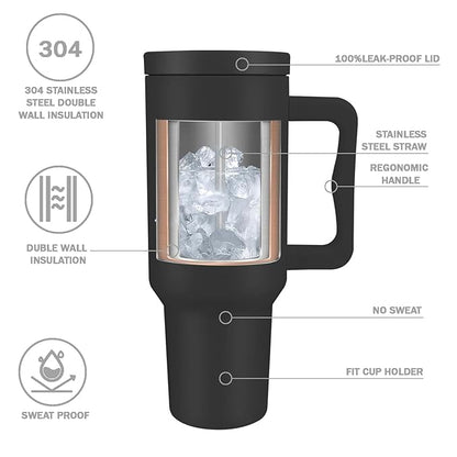 Insulated Tumbler Hot & Cold 1200ml with Lid, Straw and Handle | Stainless Steel | Black