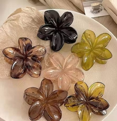 (Transparent) Glossy Flower Hair Claw - Large Set of 5 Colors