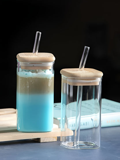 Square Glass Tumbler and Wooden Lid with Straw