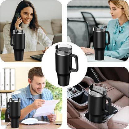 Insulated Tumbler Hot & Cold 1200ml with Lid, Straw and Handle | Stainless Steel | Black