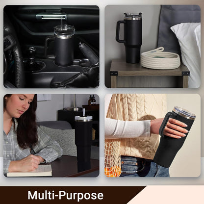 Insulated Tumbler Hot & Cold 1200ml with Lid, Straw and Handle | Stainless Steel | Black